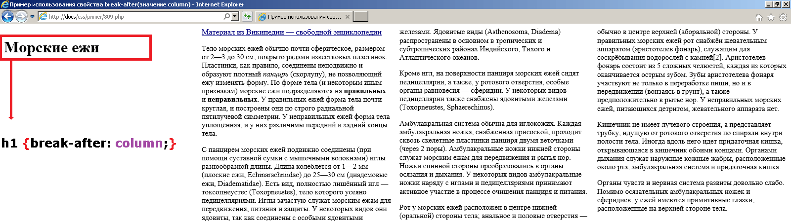 Пример использования свойства break-after со значением column(осуществляет обязательный разрыв и переход к новой колонке после элемента).