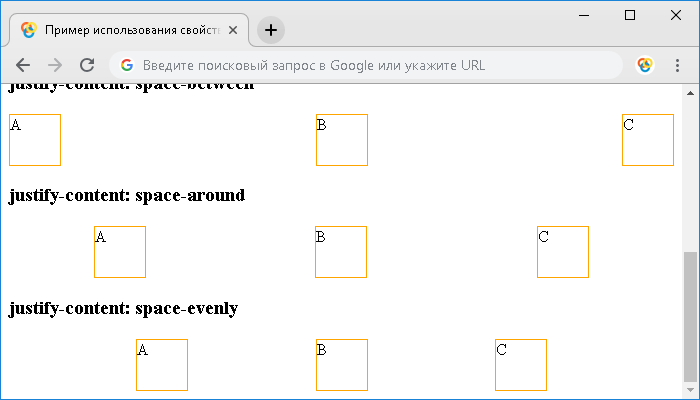 Пример использования свойства justify-content (для флекс контейнеров).