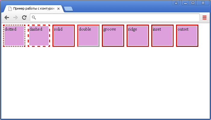 Открыть в новом окне. Пример работы с контуром в CSS (свойства outline-width, outline-style и outline-color).