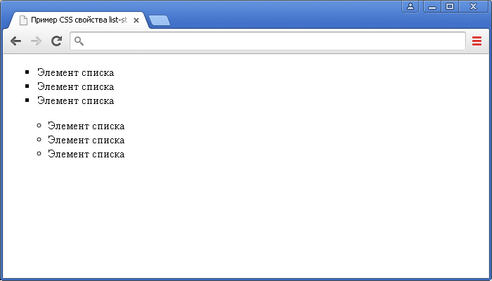 Пример использования CSS свойства list-style (все свойства маркера в одном объявлении).