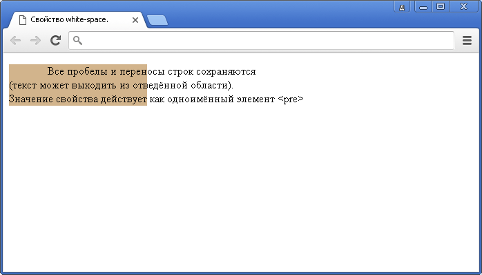 Пример использования свойства CSS white-space.