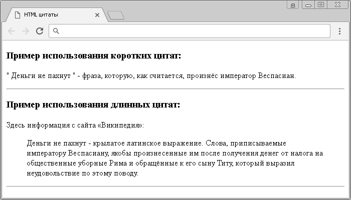 Пример использования коротких и длинных цитат в HTML