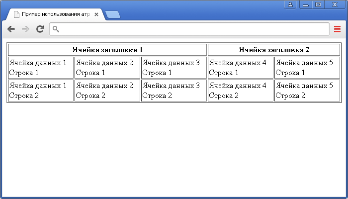 Пример использования атрибута colspan HTML тега <th> (число столбцов, которое ячейка заголовка должна охватывать).