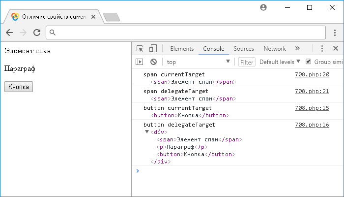 Отличие свойств currentTarget и delegateTarget объекта Event