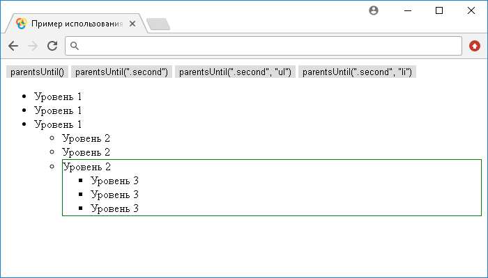 Пример использования метода parentsUntil()