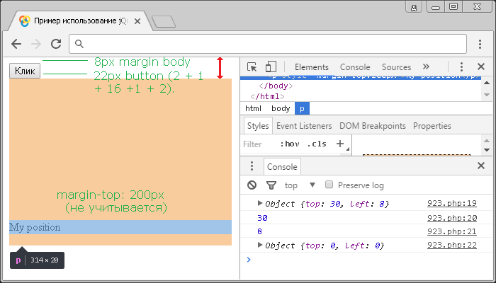 Пример использование jQuery метода .position()